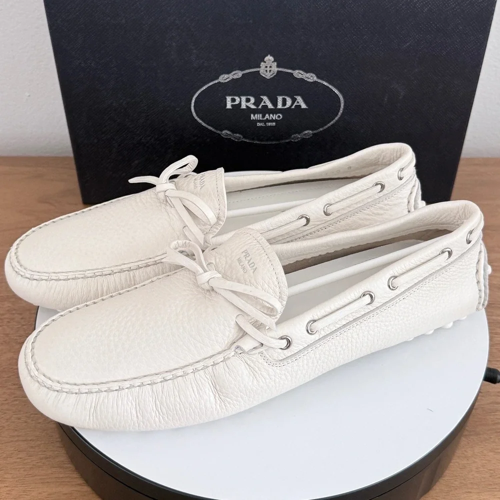 Prada Mens Bianco White Pebbled Leather Driving Loafers 2DD190 US Size 9